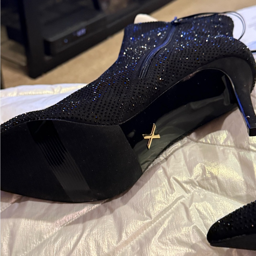 Elegant Black On Black Rhinestone Stiletto Ankle Boots